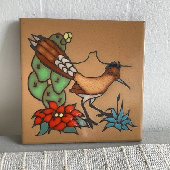 Vintage Masterworks Ceramic Handcrafted Art Tile Trivet Desert Roadrunner 6” - Picture 1 of 9